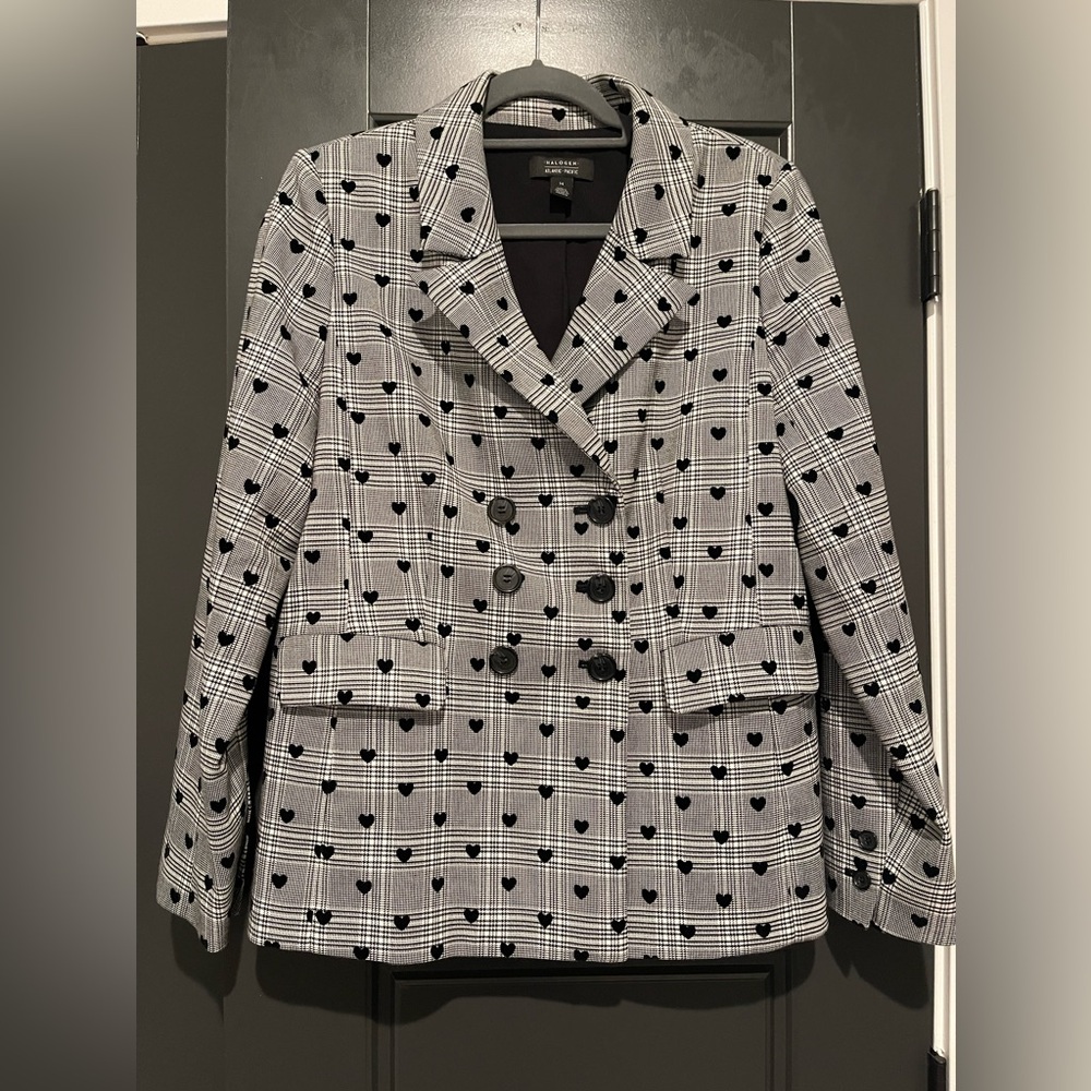 Halogen Black and White Plaid Double-Breasted Blazer with Heart Print